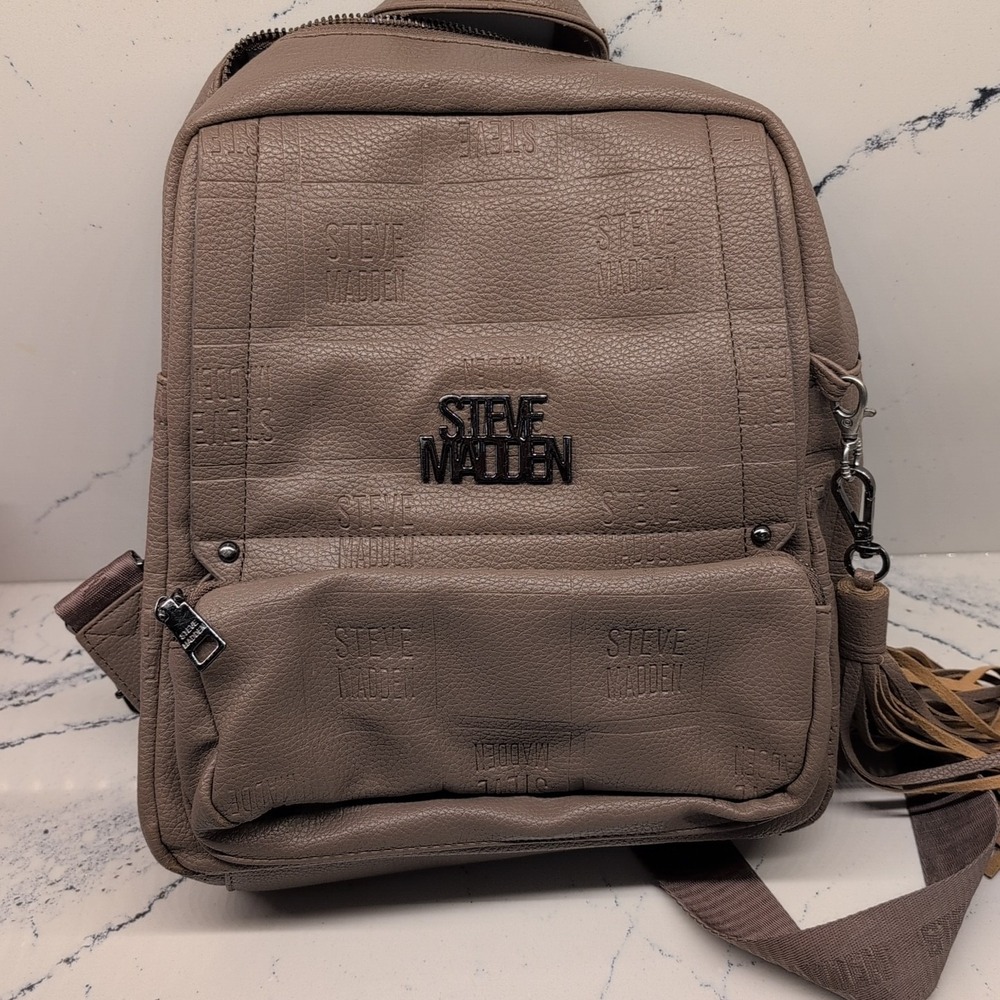 Steve Madden Logo Embossed Backpack With Tassel Camel Brown‎ Gray